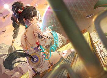 Rule 34 | absurdres, bare shoulders, barefoot, black hair, braid, closed mouth, commentary, detached sleeves, dialyn (zenless zone zero), dress, from behind, highres, holding, holding phone, jelmul, long sleeves, looking at viewer, looking back, multicolored hair, no shoes, outdoors, phone, sitting, sky, smile, solo, split-color hair, thighhighs, two-tone hair, white dress, white hair, white thighhighs, yellow eyes, yokozuwari, zenless zone zero
