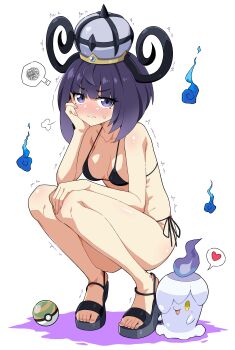 1girl 1other absurdres alternate_costume annoyed bare_shoulders bikini black_bikini black_hair blush breasts closed_mouth eggman_(ni_tamagoex) fire gen_5_pokemon gwynn_(pokemon) hat head_rest heart high_heels highres litwick looking_at_viewer mega_stone micro_bikini multicolored_hair nest_ball nintendo open_mouth pokemon pokemon_(creature) pokemon_legends:_z-a purple_eyes purple_fire sandals shadow short_hair side-tie_bikini_bottom sigh smile spoken_heart spoken_squiggle squatting squiggle sweat sweatdrop swimsuit will-o-wisp_(pokemon)