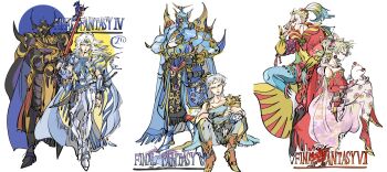 1girl 5boys amano_yoshitaka_(style) armor bare_shoulders bartz_klauser blonde_hair blue_archive blue_cape boots bykillt cape cecil_harvey cefca_palazzo circlet copyright_name creature detached_sleeves dress earrings fake_horns final_fantasy final_fantasy_iv final_fantasy_v final_fantasy_vi full_armor full_body golbez grey_hair hair_ribbon hand_on_own_face helmet highres holding holding_sword holding_weapon horned_helmet horns jacket jewelry moogle multicolored_jacket multiple_boys pantyhose parted_bangs pink_cape ponytail print_pantyhose red_boots red_dress ribbon sash short_hair shoulder_spikes single_shoulder_pad sketch spikes sword tina_branford waist_sash weapon white_background