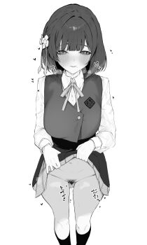 1girl absurdres blush bob_cut breasts clothes_lift collared_shirt dera_self dripping feet_out_of_frame female_pubic_hair flower gakuen_idolmaster greyscale hair_flower hair_ornament hataya_misuzu hatsuboshi_gakuen_school_uniform heart highres idolmaster lifting_own_clothes long_sleeves looking_at_viewer medium_breasts medium_hair mole mole_under_mouth monochrome naughty_face navel neck_ribbon no_panties pubic_hair pussy_juice ribbon school_uniform shirt short_hair simple_background skirt skirt_lift smile socks solo sound_effects vest white_background
