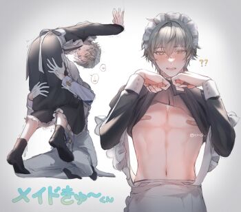 ? ?? bandaid bandaids_on_nipples black_dress black_shirt black_shoes caelus_(honkai:_star_rail) clothes_lift dress grey_hair hair_between_eyes highres honkai:_star_rail honkai_(series) kurashiki_(kas0) long_sleeves maid_headdress navel open_clothes open_mouth open_shirt pasties shirt shirt_lift shoes short_hair stomach sunday_(honkai:_star_rail) trailblazer_(honkai:_star_rail) yellow_eyes