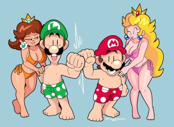 bare_legs barefoot blonde_hair blue_eyes blush breasts brown_hair crown curvy earrings facial_hair feet flipped_hair flower_earrings flower_ornament groin jewelry knees large_breasts legs leotard lhappyf3263 luigi male_swimwear mario mario_(series) mustache nintendo no_shirt ornament pink_leotard polka_dot polka_dot_swimsuit princess princess_daisy princess_peach smile smirk swim_trunks swimsuit toes tomboy yellow_leotard
