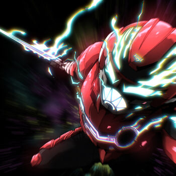 Rule 34 | absurdres, armor, black background, black bodysuit, bodysuit, chou uchuu keiji gavan infinity, commentary request, electricity, gavan infinity, glowing, helmet, highres, holding, holding sword, holding weapon, naitsupic, red armor, red helmet, sword, tokusatsu, weapon