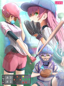 3girls absurdres adjusting_clothes adjusting_headwear aikawa_megumi alternate_costume baseball baseball_bat baseball_cap baseball_glove baseball_uniform bike_shorts bike_shorts_under_shorts blonde_hair blowing_bubbles breasts brown_hair chewing_gum elbow_pads gloves green_eyes hair_between_eyes hat heaven_burns_red helmet highres holding holding_baseball_bat izumi_yuki_(heaven_burns_red) kayamori_ruka knee_pads long_hair looking_at_viewer multiple_girls outdoors pink_gloves pink_hair pink_shorts psy_(artist) purple_hair red_eyes shirt short_hair short_sleeves shorts sportswear squatting sweat towel towel_around_neck virtual_youtuber white_shirt