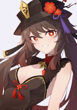 Rule 34 | 1girl, absurdres, adapted costume, bare shoulders, black dress, black headwear, breasts, brown hair, china dress, chinese clothes, cleavage, commentary request, dress, genshin impact, grey background, grin, highres, hu tao (genshin impact), long hair, looking at viewer, qi di xiong, red eyes, simple background, sleeveless, sleeveless dress, small breasts, smile, solo, twintails, upper body, very long hair