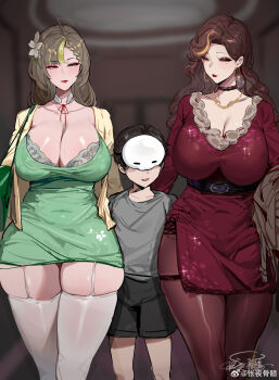 2girls absurdres age_difference black_pantyhose blush breasts brown_eyes brown_hair character_request chinese_commentary choker cleavage collarbone commentary dress earrings erection flower garter_straps green_dress hair_flower hair_ornament height_difference highres huge_breasts indie_virtual_youtuber jewelry kuook large_breasts long_hair looking_at_viewer makeup mature_female mingqian_nailyu mother_and_son multiple_girls necklace onee-shota panties pantyhose parted_lips red_dress shiny_skin shorts shota skirt smile thick_thighs thighhighs thighs underwear virtual_youtuber watermark weibo_username weibo_watermark wide_hips