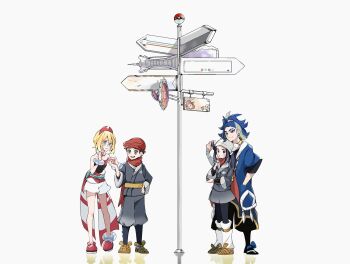 Rule 34 | 2boys, 2girls, adaman (pokemon), akari (pokemon), arm wrap, black hair, black sash, black shirt, blonde hair, blue coat, blue eyes, blue hair, blush, bracelet, breasts, brown eyes, closed mouth, coat, cocoa s3, commentary request, eyebrow cut, galaxy team survey corps uniform, green hair, grey eyes, grey jacket, hair between eyes, hairband, hat, headscarf, highres, irida (pokemon), jacket, jewelry, long hair, loose socks, multicolored hair, multiple boys, multiple girls, neck ring, nintendo, open mouth, pantyhose, pokemon, pokemon legends: arceus, ponytail, red hairband, red hat, red scarf, red shirt, rei (pokemon), road sign, sash, scarf, shirt, short hair, shorts, sidelocks, sign, signpost, smile, socks, strapless, strapless shirt, teeth, upper teeth only, white headscarf, white shorts