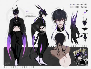 1boy :p black_hair bondage_outfit reference_sheet earrings full_body highres hp_(3000x4500) jewelry long_sleeves looking_at_viewer male_focus original pink_eyes purple_hair short_hair_with_long_locks standing tongue tongue_out