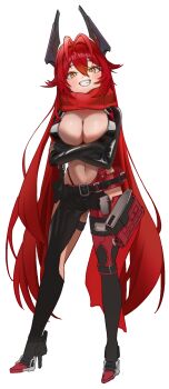 1girl antenna_hair belt black_belt black_gloves black_jacket black_pants breasts cleavage clothing_cutout commentary cropped_jacket crotch_plate double-parted_bangs fingerless_gloves fishbun full_body gloves goddess_of_victory:_nikke grin hair_between_eyes hair_flaps high_heels highres hip_vent horns jacket large_breasts leather leather_jacket leather_pants leg_cutout long_hair long_sleeves looking_at_viewer mechanical_horns midriff navel pants red_hair red_hood_(nikke) red_scarf scarf sidelocks simple_background smile solo standing suspenders teeth unzipped very_long_hair white_background yellow_eyes zipper