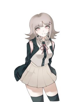 Rule 34 | 1girl, breasts, brown hair, brown skirt, collared shirt, commentary request, danganronpa (series), danganronpa 2: goodbye despair, flipped hair, hair ornament, highres, jacket, long sleeves, looking at viewer, medium hair, nanami chiaki, neck ribbon, nikuiro no i, open clothes, open jacket, pink eyes, pink ribbon, pleated skirt, ribbon, shirt, skirt, smile, solo, thighhighs, two-tone shirt, white shirt