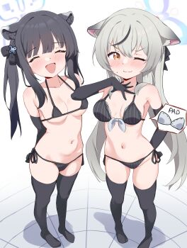 2girls absurdres alternate_breast_size_(larger) alternate_costume animal_ears arms_behind_back bikini black_bikini black_gloves black_hair black_ribbon black_thighhighs blue_archive blue_halo blush breast_padding breasts closed_eyes closed_mouth elbow_gloves gloves grey_hair hair_over_shoulder hair_ribbon halo hand_on_own_chest hand_on_own_hip hand_up highres kokona_(blue_archive) linatai loli long_hair looking_at_viewer medium_breasts micro_bikini multicolored_hair multiple_girls navel no_shoes one_eye_closed open_mouth oppai_loli ribbon shun_(blue_archive) side-tie_bikini_bottom sidelocks simple_background small_breasts smile streaked_hair string_bikini striped_bikini striped_clothes sweatdrop swimsuit thighhighs tile_floor tiles triangle_mouth zettai_ryouiki