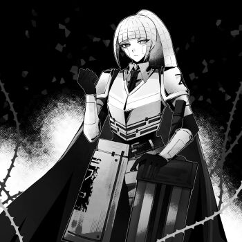 1girl albina_(project_moon) alternate_costume armor belt belt_buckle blunt_bangs breastplate buckle cape collared_shirt commentary english_commentary expressionless gloves greatsword greyscale hand_up hashtag-only_commentary heterochromia high_ponytail highres holding holding_sword holding_weapon limbus_company looking_at_viewer meito_404 monochrome necktie ponytail project_moon robot_girl shirt shoulder_armor sidelocks solo sword thorns upper_body vambraces weapon wing_collar zwei_association_west_uniform