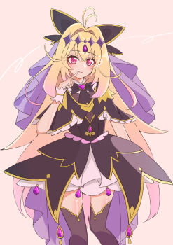 Rule 34 | 1girl, absurdres, black thighhighs, blonde hair, closed mouth, commentary request, cure arcana shadow, gem, hair ornament, highres, hoimi556, light blush, long hair, magical girl, meitantei precure!, moria luluka, precure, purple gem, red eyes, smile, thighhighs