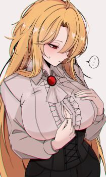 ... 1girl ascot black_corset black_skirt blonde_hair breasts brooch button_gap center_frills closed_mouth corset don_quixote_(project_moon) eyelashes frills grey_ascot hair_between_eyes hand_on_own_chest highres jewelry large_breasts limbus_company long_hair long_sleeves m_ayonessa project_moon red_eyes sancho_(project_moon) skirt solo spoken_ellipsis