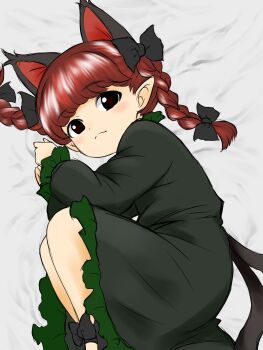 Rule 34 | 1girl, animal ears, black bow, black dress, bow, braid, cat ears, cat girl, cat tail, closed eyes, dress, edwardmidori, extra ears, fetal position, hair bow, highres, kaenbyou rin, long sleeves, looking at viewer, medium hair, multiple tails, on bed, pointy ears, red eyes, red hair, side braids, solo, tail, touhou, twin braids, two tails