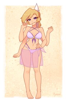 Rule 34 | 1girl, absurdres, artist name, barefoot, bikini, blonde hair, breasts, closed mouth, collarbone, commentary, english commentary, extra arms, fangs, hand on own hip, highres, looking at viewer, navel, nelly (xyronii), original, purple bikini, purple eyes, purple sarong, sarong, solo, swimsuit, xyronii, yellow background