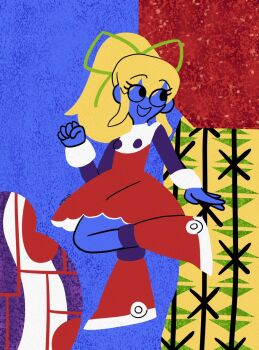 abstract abstract_background android arm_up armored_boots black_sleeves blonde_hair boots capelet clenched_hand dress hair_between_eyes highres hypnadot knee_boots leg_up looking_to_the_side looking_up mechanical_boots mega_man_(series) puffy_sleeves red_boots red_dress robot_girl roll_(mega_man) sidelocks smile white_capelet wide_sleeves