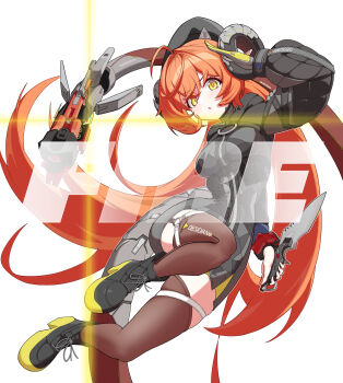 1girl 1other absurdres ahoge ammunition arm_up asymmetrical_gloves black_hat black_horns black_shoes brown_thighhighs commentary curled_horns dragon_girl dragon_horns dress english_commentary english_text fakeseal2 fingerless_gloves full_body gloves green_eyes gun hair_between_eyes hat highres holding holding_knife holding_weapon horns knife leg_up long_hair looking_at_viewer magus_(zenless_zone_zero) mechanical_horns mechanical_tail mismatched_gloves multicolored_shoes open_mouth orange_hair orange_pupils orphie_magnusson pointy_ears salute shoes simple_background single_fingerless_glove sparkle tail thighhighs weapon white_background yellow_gloves zenless_zone_zero zipper_dress