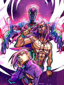 1other 2boys abs absurdres argyle_skin artist_name brown_eyes clenched_teeth commentary diavolo english_commentary epitaph_(jojo) fishnet_top fishnets freckles glowing glowing_eyes green_eyes highres jojo_no_kimyou_na_bouken king_crimson_(stand) long_hair long_sleeves makeup male_focus midriff multiple_boys muscular muscular_male n0nsensemob open_mouth parted_lips pectorals pink_hair pointing pointing_at_viewer ponytail purple_lips purple_sweater ribbed_sweater stand_(jojo) sweater teeth turtleneck turtleneck_sweater vento_aureo vinegar_doppio wristband