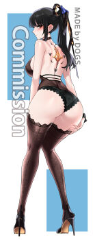 1girl absurdres artist_name ass black_footwear black_hair black_panties blue_background blunt_bangs blush breasts brown_eyes brown_thighhighs closed_mouth commentary commentary_request commission dogs_(dlrkdejr26) english_commentary eve_(stellar_blade) hand_on_own_ass high_heels highres korean_commentary large_breasts long_hair looking_at_viewer mechanical_spine mixed-language_commentary panties ponytail sideboob solo stellar_blade thighhighs two-tone_background underwear very_long_hair wedgie white_background