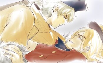 2boys ascot blonde_hair blue_eyes dr._stone earrings eye_contact green_eyes hat highres jewelry looking_at_another male_focus multiple_boys nanami_ryuusui pirate pirate_hat saionji_ukyou short_hair simple_background smile smirk tamago_sillyegg white_background white_hair yaoi