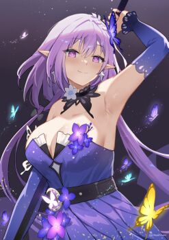 1girl armpits breasts bug butterfly castorice_(gossamer_flutter)_(honkai:_star_rail) castorice_(honkai:_star_rail) cleavage commentary_request detached_sleeves dress earrings holding holding_scythe honkai:_star_rail honkai_(series) insect jewelry large_breasts long_hair looking_at_viewer mush_(mushlicious) official_alternate_costume pointy_ears purple_dress purple_eyes purple_hair scythe smile solo twitter_username very_long_hair