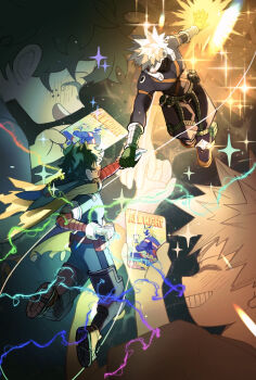 2boys age_progression all_might bakugou_katsuki blonde_hair blush boku_no_hero_academia clenched_hand closed_eyes floating freckles full_body green_hair grin highres holding_hands karasu_(milkcube) looking_at_another male_focus midoriya_izuku multiple_boys open_mouth short_hair smile sparkle spiked_hair superhero_costume trading_card