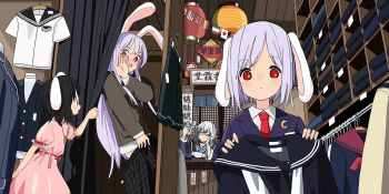 1boy 3girls american_flag animal_ears black_choker black_jacket blazer blue_jacket blush bow canadian_flag carrot_necklace choker clothes_hanger collared_shirt commentary crescent crescent_pin curtains daruma_doll dress dressing embarrassed english_commentary flag floppy_ears game_cg german_flag glasses grey_hair highres holding holding_bow_(ornament) holding_unworn_clothes inaba_tewi indoors jacket japanese_flag jewelry kumanoi_(nichols) lantern long_hair long_sleeves medium_hair morichika_rinnosuke multiple_girls necklace necktie official_art open_mouth paper_lantern pendant pink_dress purple_hair rabbit_ears rabbit_girl red_eyes red_necktie reisen_(touhou_bougetsushou) reisen_udongein_inaba ribbon-trimmed_dress ribbon_trim shirt sweatdrop third-party_source touhou touhou_lostword translation_request union_jack unworn_shirt very_long_hair white_shirt yin_yang yin_yang_print