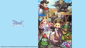 2girls 6+boys alchemist_(ragnarok_online) animal animal_ears animal_on_head arch_bishop_(ragnarok_online) axe bandana bandana_over_mouth bird bird_on_head black_hair black_hat blonde_hair blue_cape blue_dress blue_eyes blue_gemstone blue_sky bowie_buffalo_bandit brown_coat brown_eyes brown_footwear brown_gloves brown_hair brown_jacket brown_skirt buffalo_bandit_duelist buffalo_bandit_sharpshooter bug buttons cactus cape clear_sky closed_mouth coat copyright_notice cow_boy cow_ears cow_horns cowboy cowboy_hat cowboy_western cross crouched_horse crystal desert dress facial_hair fairy full_body gem gloves green_eyes grey_hair grey_horns grey_vest grin gun hat highres holding holding_axe holding_gem holding_gun holding_weapon horns ivoka_skudi jacket juliet_sleeves lace lace-trimmed_thighhighs lace_trim lever_action logo long_hair long_sideburns long_sleeves looking_at_viewer merchant_(ragnarok_online) monocle multiple_boys multiple_girls mustache official_art official_wallpaper on_head open_mouth outdoors pink_gemstone pink_hair puffy_sleeves purple_eyes purple_gemstone ragnarok_online red_bandana red_cape red_eyes rifle rimless_eyewear sheriff_badge shirt shoes short_hair shotgun sideburns skirt sky smile spider taruk thighhighs two-sided_cape two-sided_fabric two-tone_dress vest weapon western white_dress white_shirt white_thighhighs wyatt_warp yellow_eyes