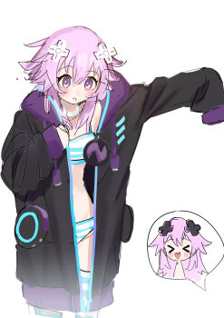 >_< 2girls absurdres adult_neptune blush choker commentary d-pad d-pad_hair_ornament drawstring emblem english_commentary hair_ornament heart heart_in_mouth highres hood hoodie long_hair medium_hair multiple_girls neptune_(neptunia) neptune_(series) open_mouth oversized_clothes panties purple_eyes purple_hair rururudenko sidelocks simple_background socks striped_clothes striped_panties striped_socks striped_thighhighs thighhighs underwear very_long_hair white_background