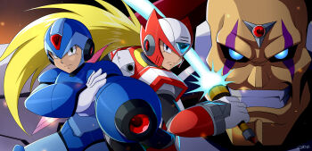 Rule 34 | 3boys, absurdres, aiming, aiming at viewer, alexstardust31, android, arm cannon, armor, bald, blonde hair, blue armor, blue eyes, blue helmet, cowboy shot, energy sword, evil eyes, forehead jewel, gloves, green eyes, helmet, highres, holding, holding sword, holding weapon, long hair, looking at viewer, male focus, mega man (series), mega man x (series), multiple boys, ponytail, red armor, red helmet, robot, robot ears, scar, scar on face, shoulder armor, sigma (mega man), signature, smile, standing, sword, teeth, weapon, x (mega man), z saber, zero (mega man)