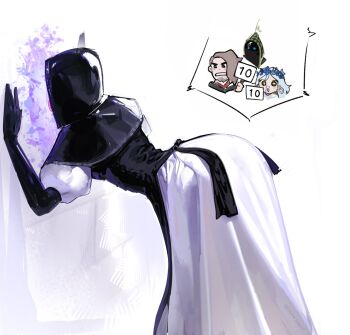 +_+ 2boys 2girls aroused_nosebleed ass bent_over black_capelet black_hood blood brick_wall capelet chibi chibi_inset coif elden_ring elden_ring_nightreign feet_out_of_frame from_behind highres ironeye_(elden_ring) licking multiple_boys multiple_girls nosebleed nun qederapawn revenant_(elden_ring) scholar_(elden_ring) simple_background solo_focus undertaker_(elden_ring) white_background white_coif