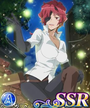1girl breasts card dungeon_ni_deai_wo_motomeru_no_wa_machigatteiru_darou_ka eyepatch hephaistos_(danmachi) large_breasts official_art red_hair smile source_request