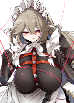 1girl absurdres alexandrina_sebastiane apron black_dress black_gloves breasts caseee999 commentary_request dress gloves grey_hair highres large_breasts long_hair maid maid_apron maid_headdress parted_lips partially_fingerless_gloves red_eyes simple_background solo string string_of_fate very_long_hair white_apron white_background zenless_zone_zero