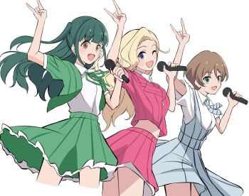 3girls \n/ arm_up blonde_hair blue_dress blue_necktie blunt_bangs brown_hair collared_shirt commentary_request cowboy_shot cropped_legs diagonal-striped_clothes diagonal-striped_necktie dress green_eyes green_hair green_jacket green_ribbon green_skirt harumiya_yukuri highres ikizulive!_love_live!_bluebird jacket konohana_aurora long_hair love_live! matching_pose midriff miniskirt multiple_girls nanase_itsuki navel neck_ribbon necktie open_clothes open_jacket pinafore_dress pink_jacket pink_skirt pinstripe_dress pinstripe_jacket pinstripe_pattern pinstripe_skirt purple_eyes ribbon shirt short-sleeved_jacket short_dress short_hair short_sleeves sidelocks simple_background skirt sleeveless sleeveless_dress striped_clothes two_side_up what_is_my_life?_(love_live!) white_background white_dress white_shirt yamada_midori