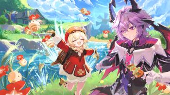 Rule 34 | 1girl, absurdres, artist request, backpack, bag, black coat, black jacket, blonde hair, brown gloves, closed eyes, coat, dodoco (genshin impact), dragon horns, dragon wings, dress, genshin impact, gloves, hair between eyes, hat, highres, horns, jacket, klee (genshin impact), long hair, long sleeves, low twintails, mini durin (genshin impact), mini durin (human) (genshin impact), official art, open mouth, pink hair, pointy ears, red dress, red eyes, red hair, red hat, river, smile, twintails, white gloves, wings