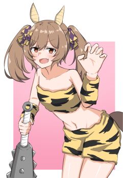 Rule 34 | 1girl, animal ears, arm warmers, black bow, border, bow, brown eyes, brown hair, brown tail, club, club (weapon), commentary request, cosplay, ear covers, fang, hair bow, highres, holding, holding club, holding weapon, horse ears, horse girl, horse tail, leaning forward, looking at viewer, midriff, multiple hair bows, navel, open mouth, outside border, pink background, print shorts, print tube top, sakura laurel (oni laurel) (umamusume), sakura laurel (umamusume), sakura laurel (umamusume) (cosplay), setsubun, shorts, simple background, smart falcon (umamusume), solo, spiked club, strapless, tail, tube top, umamusume, weapon, white border, yellow arm warmers, yellow bow, yellow shorts, yellow tube top, yukia2