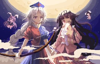 02charaice20 4girls absurdres animal_ears black_hair black_jacket blue_dress blue_sky bow bow_(weapon) bowtie braid braided_ponytail breasts cloud commentary covering_own_mouth dress floral_print floral_print_dress full_moon grey_hair highres holding holding_bow_(weapon) holding_hands holding_weapon houraisan_kaguya huge_moon inaba_tewi jacket long_hair long_sleeves medium_breasts moon multiple_girls necktie night night_sky one_eye_closed pink_dress pink_shirt pink_skirt pixel_art print_dress purple_eyes purple_hair rabbit_ears rabbit_girl red_dress red_eyes red_necktie red_skirt reisen_udongein_inaba shirt short_hair skirt sky smile star_(sky) starry_sky touhou two-tone_dress very_long_hair weapon white_bow white_bowtie yagokoro_eirin