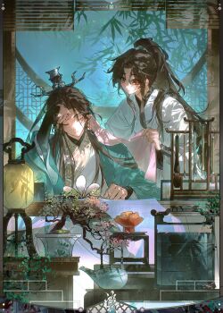 Rule 34 | 2boys, :<, architecture, arm support, bamboo, bamboo print, black border, black hair, black trim, blanket, blush, bonsai, book, border, bowl, calligraphy brush, chinese clothes, chinese text, closed eyes, closed mouth, covering with blanket, curtained hair, dappled moonlight, east asian architecture, green hanfu, green ribbon, half updo, hand on own head, hand on table, hanfu, high ponytail, highres, holding, holding blanket, indoors, juubako, lantern, lattice, light particles, lingjing mxtx, long hair, long sleeves, looking at another, luo binghe, male focus, moonlight, multiple boys, night, open book, paintbrush, parted bangs, plant, ponytail, potted plant, red eyes, renzha fanpai zijiu xitong, ribbon, ribboned xiao guan, round window, shen qingqiu, sidelighting, sidelocks, sitting, sleeping, sleeping upright, teapot, very long hair, white hanfu, wide-eyed, wide sleeves, window, window blinds