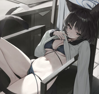1girl absurdres animal_ears bikini bikini_under_clothes black_hair black_nails black_tail blue_archive blue_bikini blue_halo cat_ears cat_girl cat_tail chair clothes_lift colored_inner_animal_ears commentary criss-cross_straps gradient_tail halo highres kikyou_(blue_archive) kikyou_(swimsuit)_(blue_archive) layered_bikini leaning_back lifting_own_clothes looking_at_viewer mokew multi-strapped_bikini_bottom multi-strapped_bikini_top multiple_tails on_chair shirt_lift sitting smile solo swimsuit tail two_tails