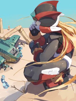 4boys absurdres aircraft armor blonde_hair forehead_jewel helmet highres long_hair male_focus mega_man_(series) mega_man_zero_(series) multiple_boys omochi_(mochi_skymega) pantheon_(mega_man) red_armor red_helmet solo_focus squatting zero(z)_(mega_man) zero_(mega_man)