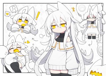 ! +++ 1girl 2others ^_^ ahoge anger_vein animal_ears annoyed argyle_background arms_at_sides arrow_(symbol) bags_under_eyes bare_shoulders black_hair black_shirt blank_eyes blush cicada_hug closed_eyes closed_mouth commentary_request deformed dorodra_(kisaragi_kaya) dress flipped_hair glomp hair_between_eyes hair_flaps hands_up happy head_bump heart hug jitome kisaragi_kaya long_hair long_sleeves monster motion_lines multiple_others multiple_views no_sclera off-shoulder_sweater off_shoulder open_mouth original outside_border puff_of_air roku-chan_(kisaragi_kaya) sequential shirt sleeveless sleeveless_shirt sleeves_past_fingers sleeves_past_wrists slit_pupils speech_bubble spoken_character spoken_heart sweater sweater_dress thighhighs turtleneck turtleneck_shirt very_long_hair white_hair white_sweater yellow_eyes zettai_ryouiki