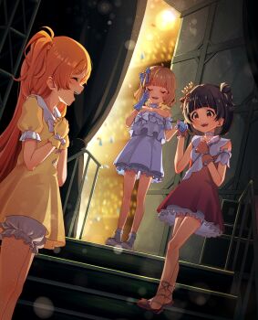 3girls absurdres backstage black_hair blue_gloves brown_eyes brown_hair cabbage_(chlehd2239) closed_eyes commentary_request crown dress gloves happy_tears highres idolmaster idolmaster_million_live! idolmaster_million_live!_amairo_no_asterism idolmaster_million_live!_theater_days korean_commentary long_hair mini_crown mixed-language_commentary multiple_girls nakatani_iku ogami_tamaki one_side_up open_mouth orange_hair pink_dress shoes short_hair smile standing suou_momoko tears white_dress wiping_tears yellow_dress yellow_gloves