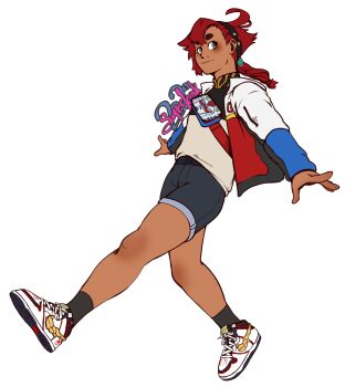 1girl ankle_socks artist_name black_socks blue_eyes blue_shorts dark-skinned_female dark_skin gundam gundam_suisei_no_majo hairband highres jacket long_hair low_ponytail ponytail red_hair shirt shoes shorts sneakers socks suletta_mercury superkiak thick_eyebrows transparent_background white_shirt