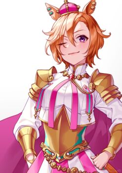 Rule 34 | 1girl, akatsuki (kuon), animal ears, armor, blush, breasts, cape, closed mouth, commentary request, crown, gloves, gold corset, hair between eyes, horse ears, horse girl, jewelry, long sleeves, looking at viewer, medium breasts, mini crown, multiple rings, one eye closed, orange hair, pink cape, pink crown, purple eyes, ring, shirt, short hair, shoulder armor, simple background, single glove, skirt, smile, solo, t.m. opera o (o sole suo!) (umamusume), t.m. opera o (umamusume), two-tone skirt, umamusume, white background, white gloves, white shirt