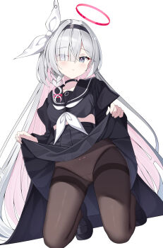 1girl absurdres black_hairband black_serafuku black_skirt blue_archive braid brown_pantyhose clothes_lift colored_inner_hair commentary commentary_request eyes_visible_through_hair grey_eyes grey_hair hair_over_one_eye hairband halo highres kneeling lifting_own_clothes looking_at_viewer multicolored_hair panties panties_under_pantyhose pantyhose pink_hair plana_(blue_archive) pleated_skirt red_halo red_pupils school_uniform serafuku simple_background single_braid skirt skirt_lift sob_(submar1089) solo two-tone_hair underwear white_background