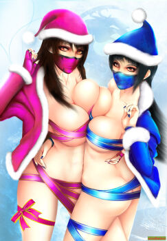 2girls ass black_hair breast_press breast_suppress breasts brown_eyes brown_hair butt_crack christmas cleavage coat curvy female_focus fingerless_gloves from_above gloves hand_on_own_hip hat hug huge_breasts kitana lace large_breasts long_hair looking_at_viewer looking_up mask mileena_(mortal_kombat) mortal_kombat_(series) multiple_girls nail_polish netherrealm_studios ninja orange_eyes outdoors ribbon santa_hat siblings sisters snow standing symmetrical_docking windbelow
