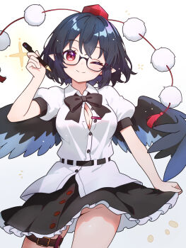1girl belt bespectacled bird_wings black-framed_eyewear black_bow black_bowtie black_hair black_skirt black_wings bow bowtie breasts button_gap chikuzen1996 cleavage closed_mouth collared_shirt commentary_request frilled_skirt frills glasses hat highres holding holding_pen looking_at_viewer medium_hair no_panties one_eye_closed partially_unbuttoned pen pointy_ears pom_pom_(clothes) puffy_short_sleeves puffy_sleeves red_eyes red_hat semi-rimless_eyewear shameimaru_aya shirt short_sleeves skirt smile solo thigh_belt thigh_strap tokin_hat touhou under-rim_eyewear white_shirt wings