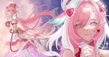 1girl absurdres artist_name beret breasts chinese_commentary commentary commentary_request diamond-shaped_pupils diamond_(shape) dress earrings elf elysia_(hi_love_elf)_(honkai_impact) elysia_(honkai_impact) gloves hat heart heart_earrings highres honkai_(series) honkai_impact_3rd jewelry jiang_na_mei large_breasts long_hair looking_at_viewer multicolored_hair own_hands_together pink_hair pointy_ears purple_eyes red_dress single_glove smile solo stone_pillar symbol-shaped_pupils two-tone_dress two-tone_hair very_long_hair white_dress white_gloves white_hair