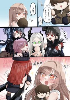 1boy 6+girls armor bahamut_(nikke) behemoth_(nikke) bibie307 bikini black_armor black_bodysuit black_gloves black_hair black_horns black_lips black_liquid black_nails blush bodystocking bodysuit boobplate breastplate breasts brown_hair character_doll child clothing_cutout commander_(nikke) doll doll_(nikke) ear_piercing forehead four_beasts_(nikke) glasses gloves goddess_of_victory:_nikke green_eyes grey_hair heretics_(nikke) highres holding holding_doll horns hospital_gown jacket large_breasts latex_bikini leg_cutout leviathan_(nikke) liquid_clothes long_hair military_uniform multiple_girls necktie number_candle official_alternate_costume official_alternate_design official_alternate_hair_color only_one_(nikke) open_mouth piercing pink_hair pointy_ears rapi_(nikke) rapi_(red_hood)_(nikke) red_eyes red_hair see-through_cleavage see-through_clothes sharp_teeth shiny_eyes simple_background single_horn small_breasts smile star-shaped_pupils star_(symbol) swimsuit symbol-shaped_pupils teeth very_long_hair watermark white_background white_gown ziz_(nikke)